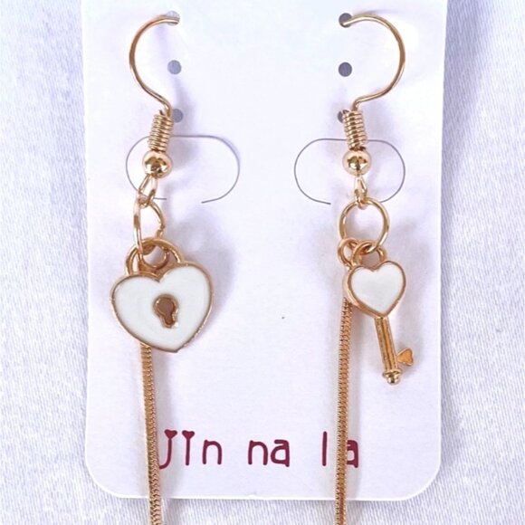Heart Lock and Key Gold Plated Earrings in White by Jin na la Nickel Free - Picture 3 of 8